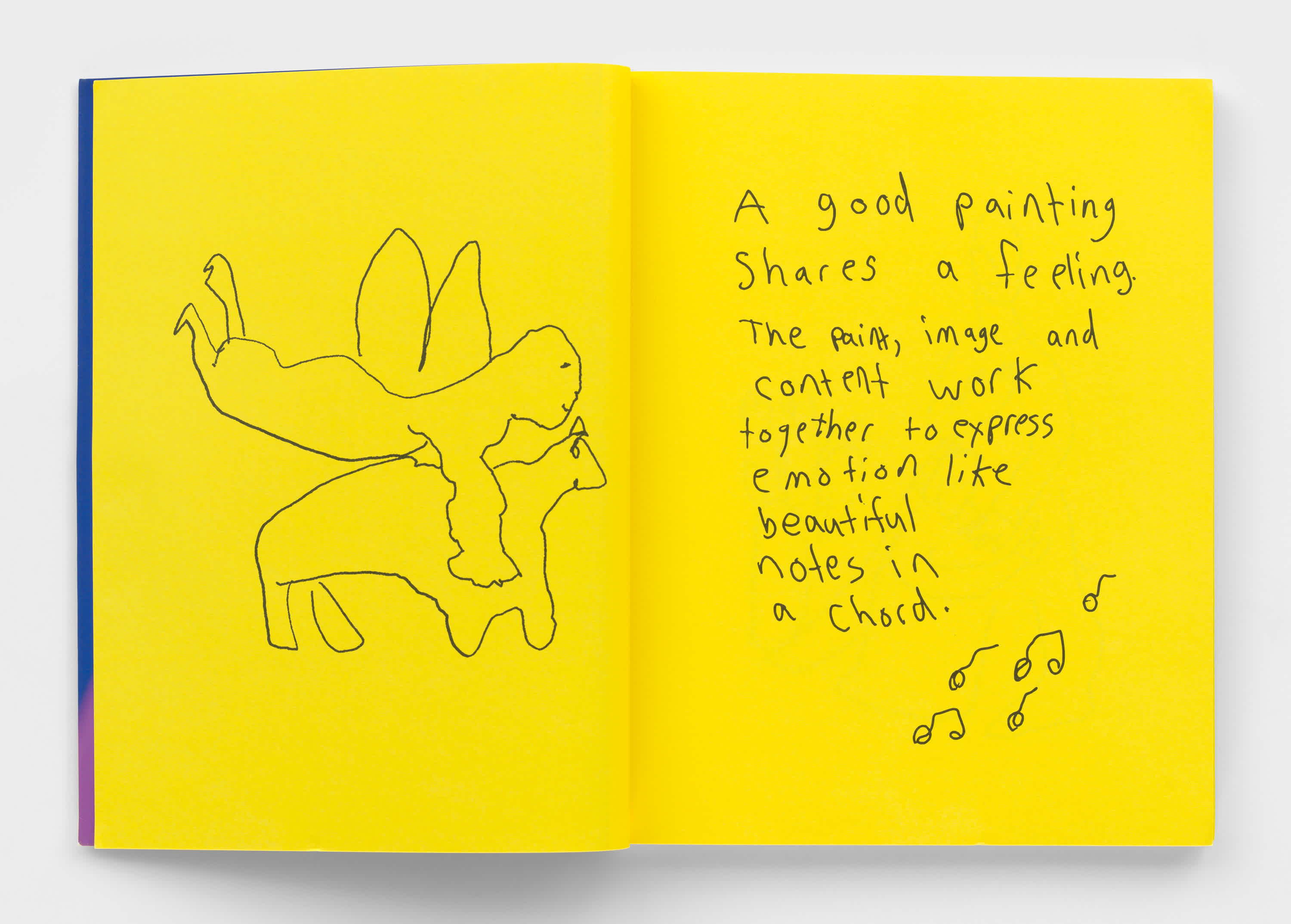 An open book with yellow pages and black doodle and handwriting on the two pages.