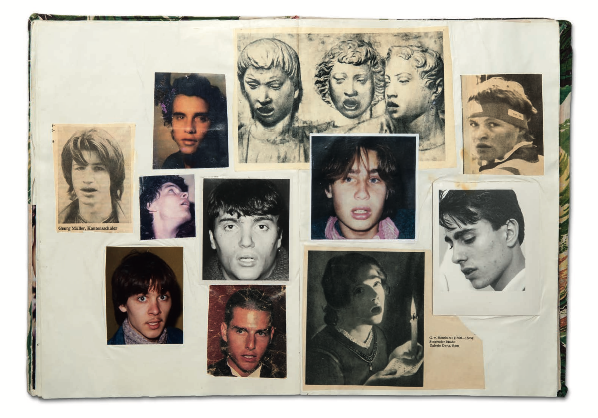 A collage of black-and-white and color portrait photos of young men and classical sculptures, arranged on a white background. The images vary in size and style, some showing people with different facial expressions.