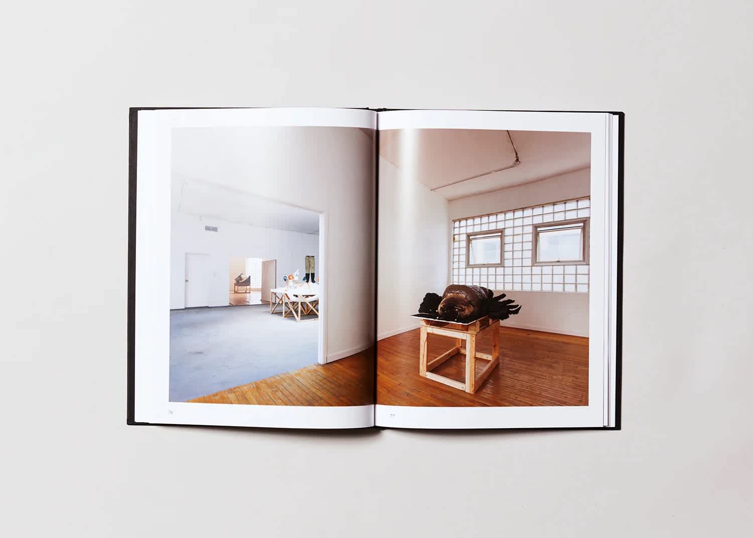 Open book with centerfold photograph of an exhibition room.