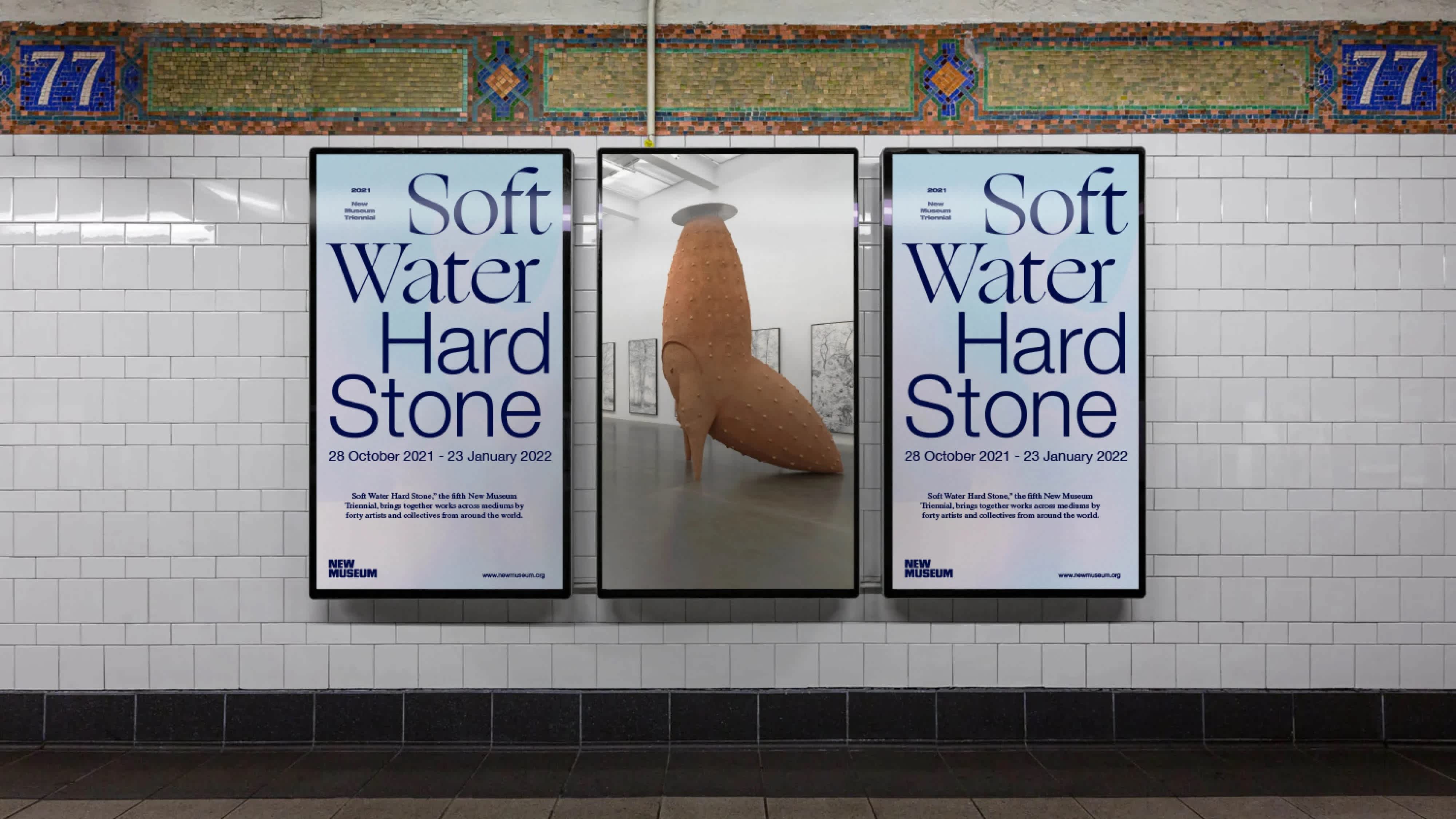 Three subway ads in the 77th street stop. The left and right screens have an advertisement for an exhibition. The center screen shows an artwork in the exhibition.