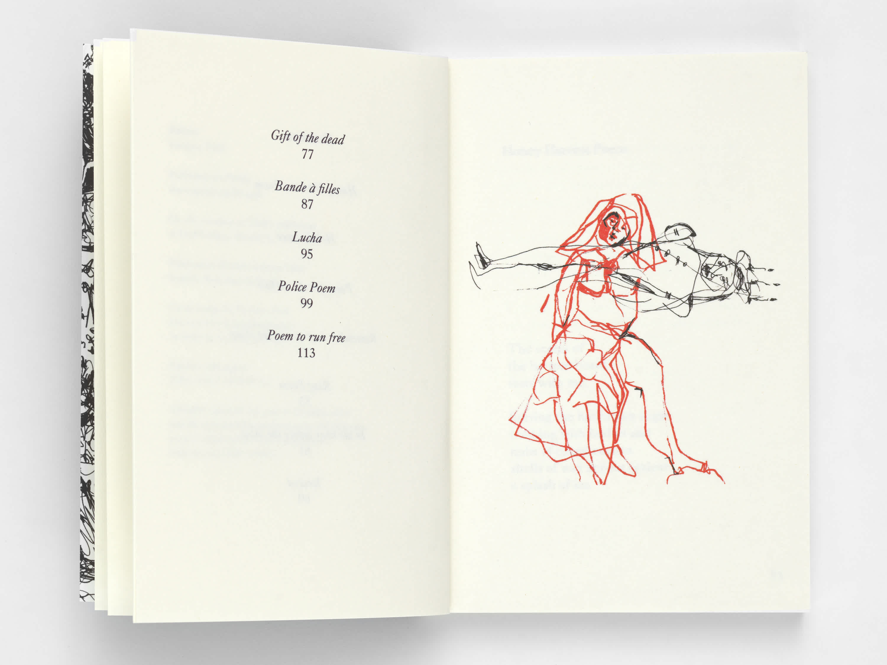 Open book with table of contents on the left page and a red sketch on the right.