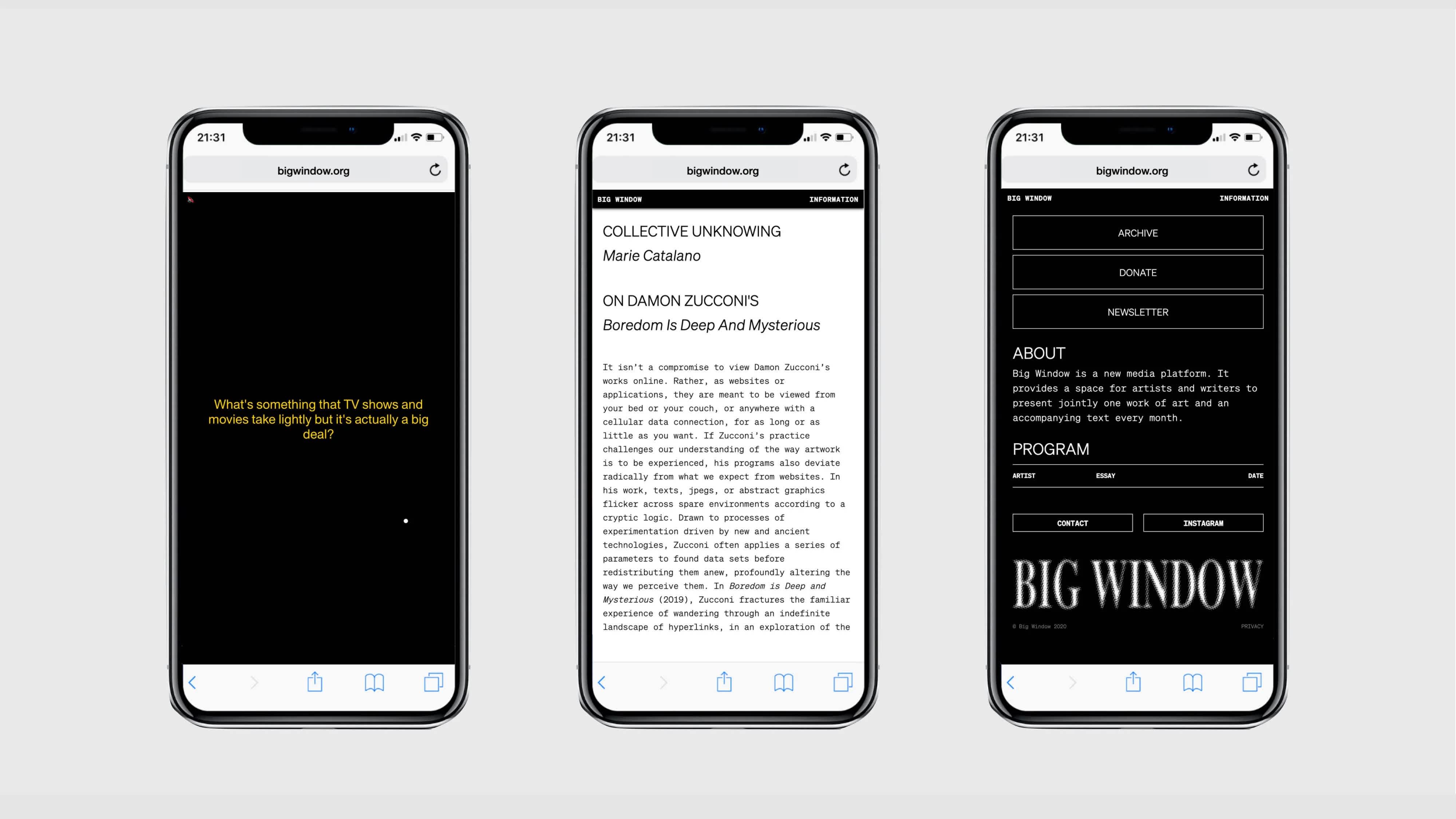Three phones in a row, each with a different view of a website. The left and right phones have black screens with white text. The center phone has a white screen with black text.