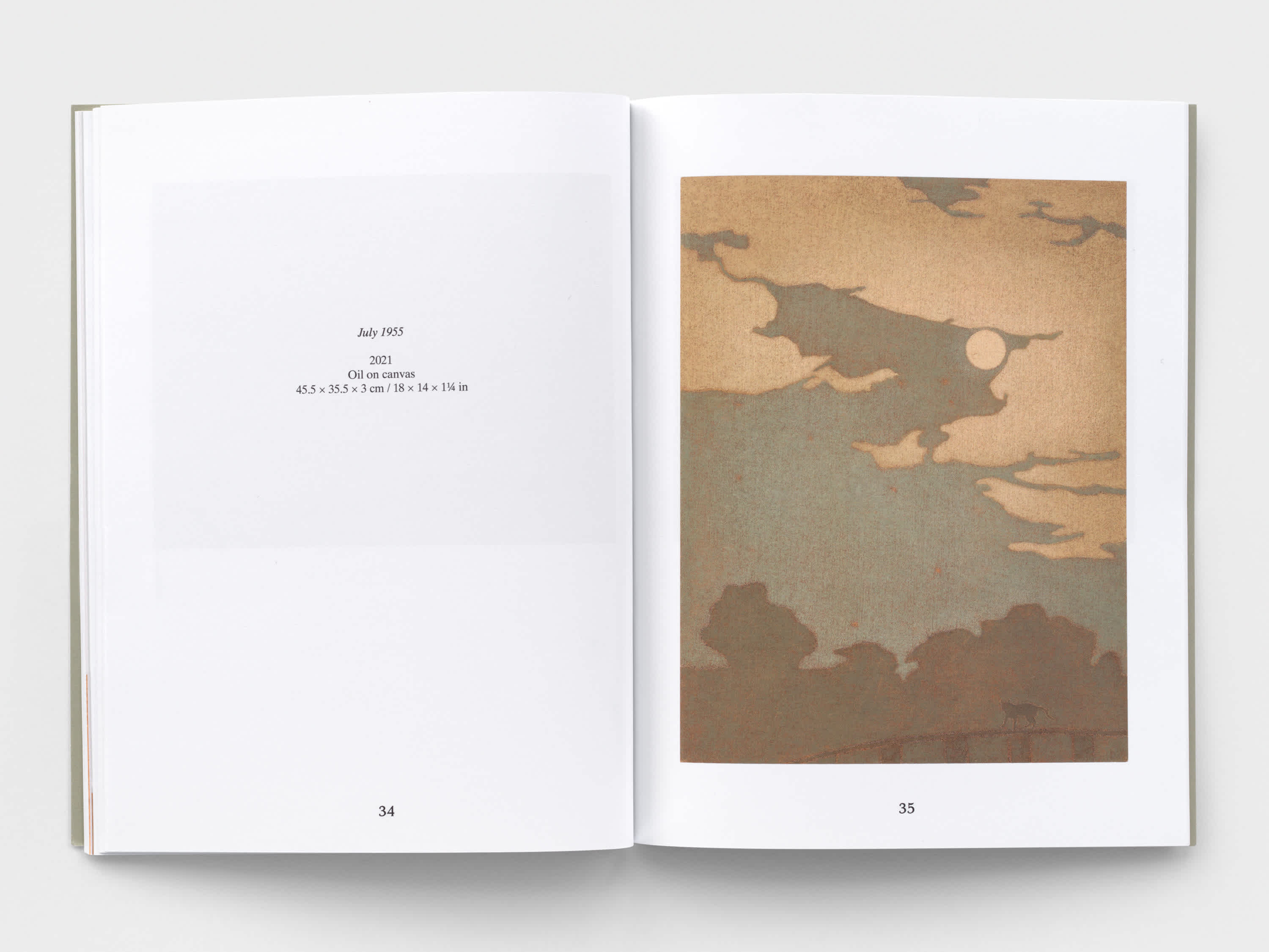 Open book with muted gold, green and gray painting of the moon above treetops on the right page. The artwork information is on the left page.