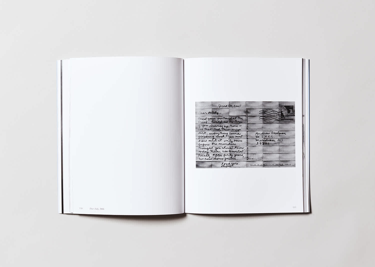 Book interior. The left page is blank, the right page has a black and white artwork by the artist Mary Kelly.