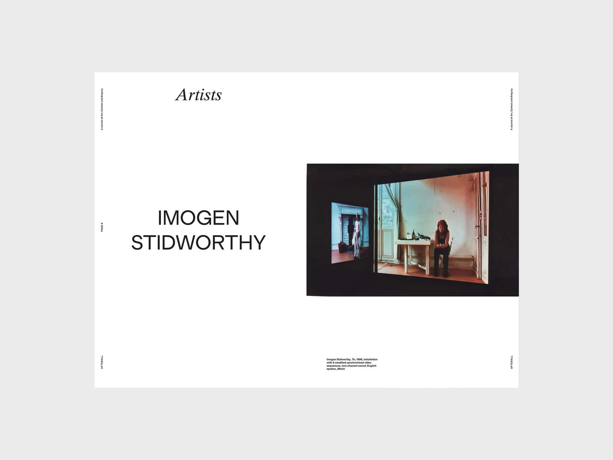 Magazine interior featuring text and images. The left page has the section header at the top and the artist's name in the center. The right page has a center-adjusted color image of two projection screens.