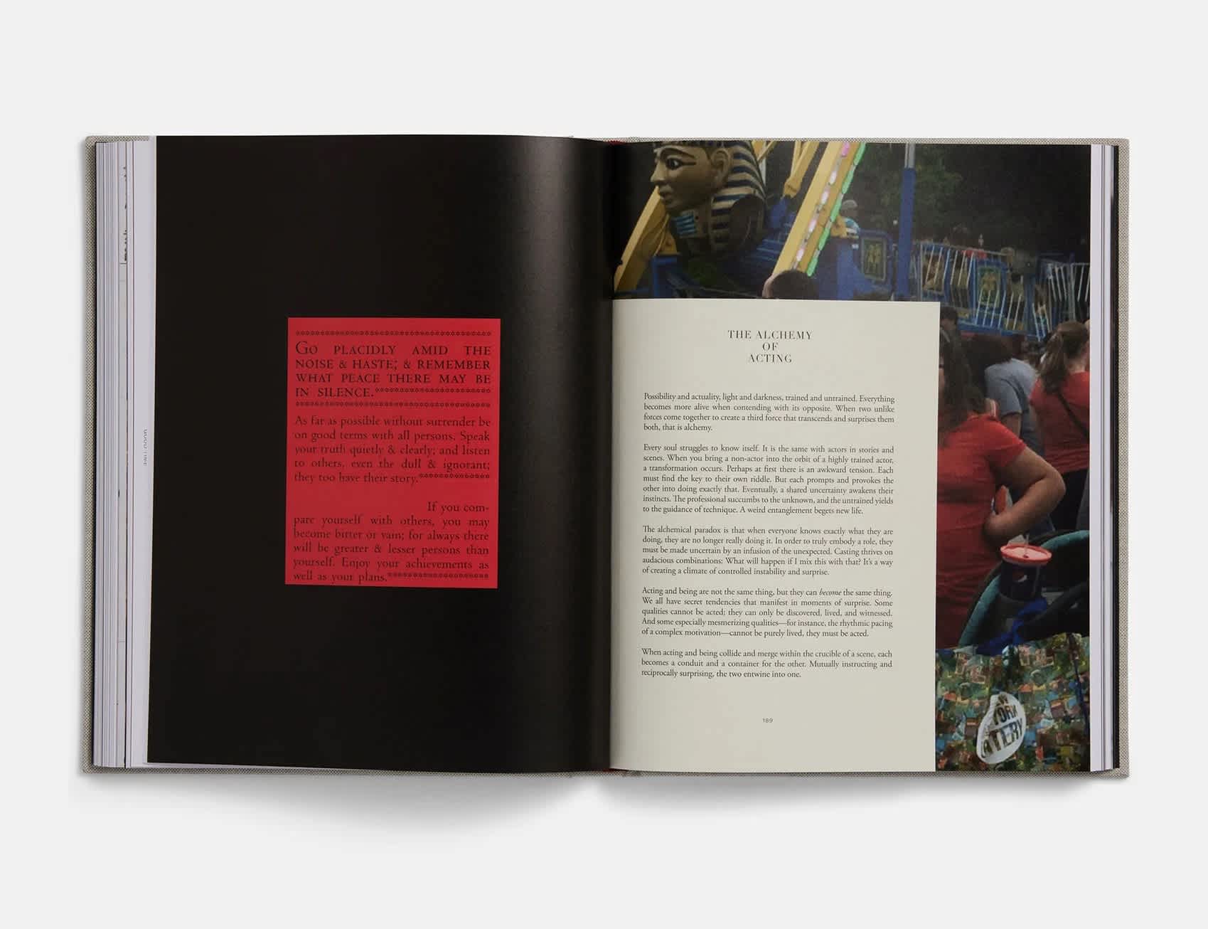 A book interior that features two letters on each page. The left page has a red letter imposed on a black background. The right page has a short essay over the image of a crowd.