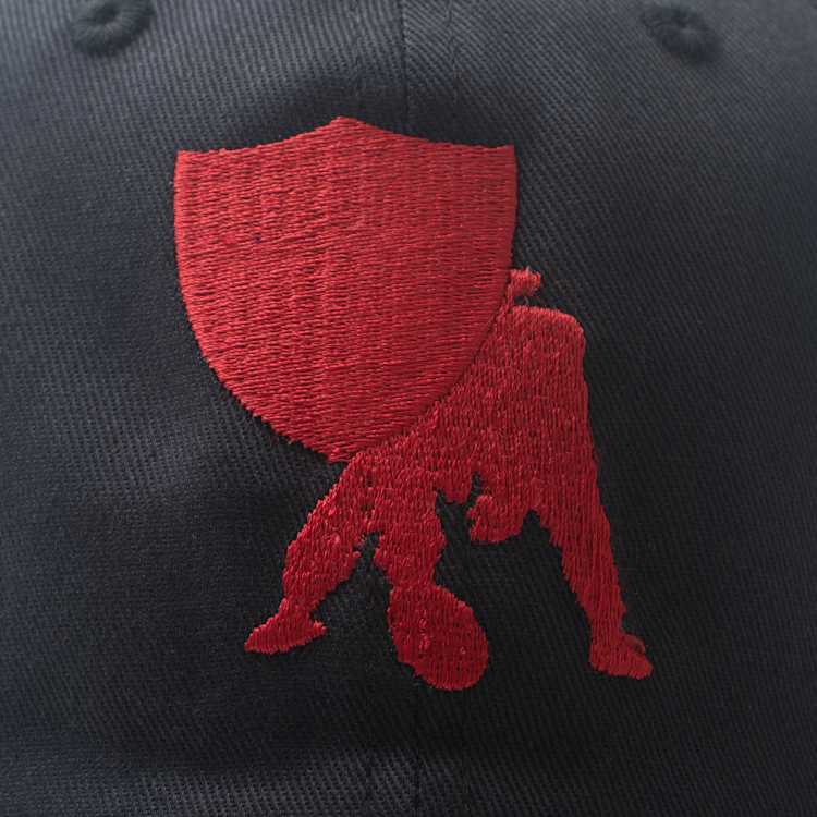 Close up Image of a navy blue hat with a red logo.