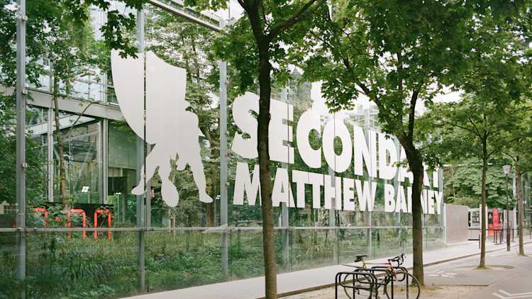 Exterior image of a glass wall. On the glass there is a very large, silver vinyl decal which says "Secondary, Matthew Barney" and on the left there there is a man getting ready to snap a football with a shield medallion behind him.