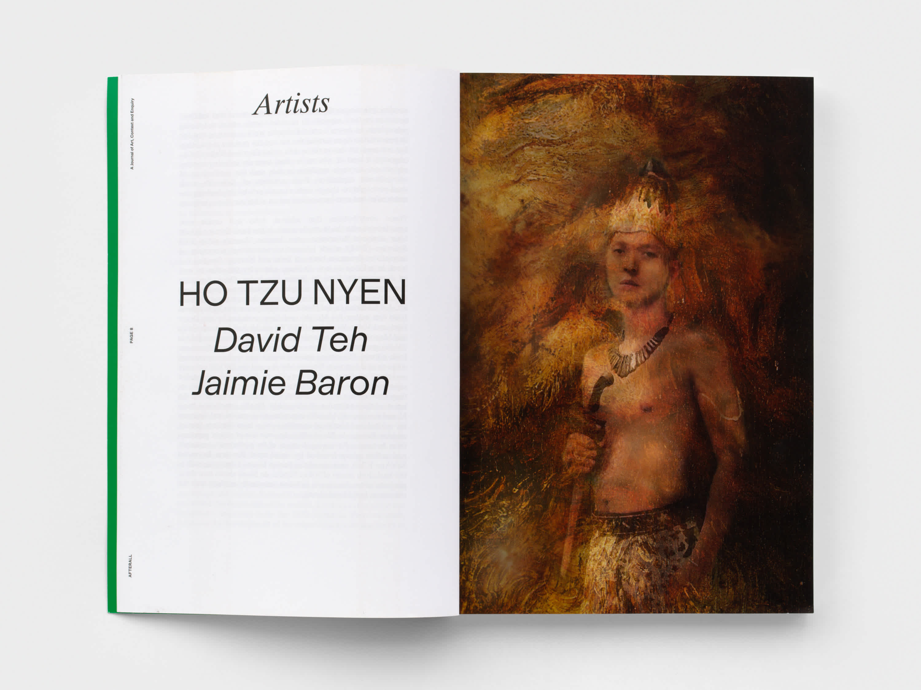 Magazine interior with a section title on the left page and an orange-brown painting of a king on the right page.