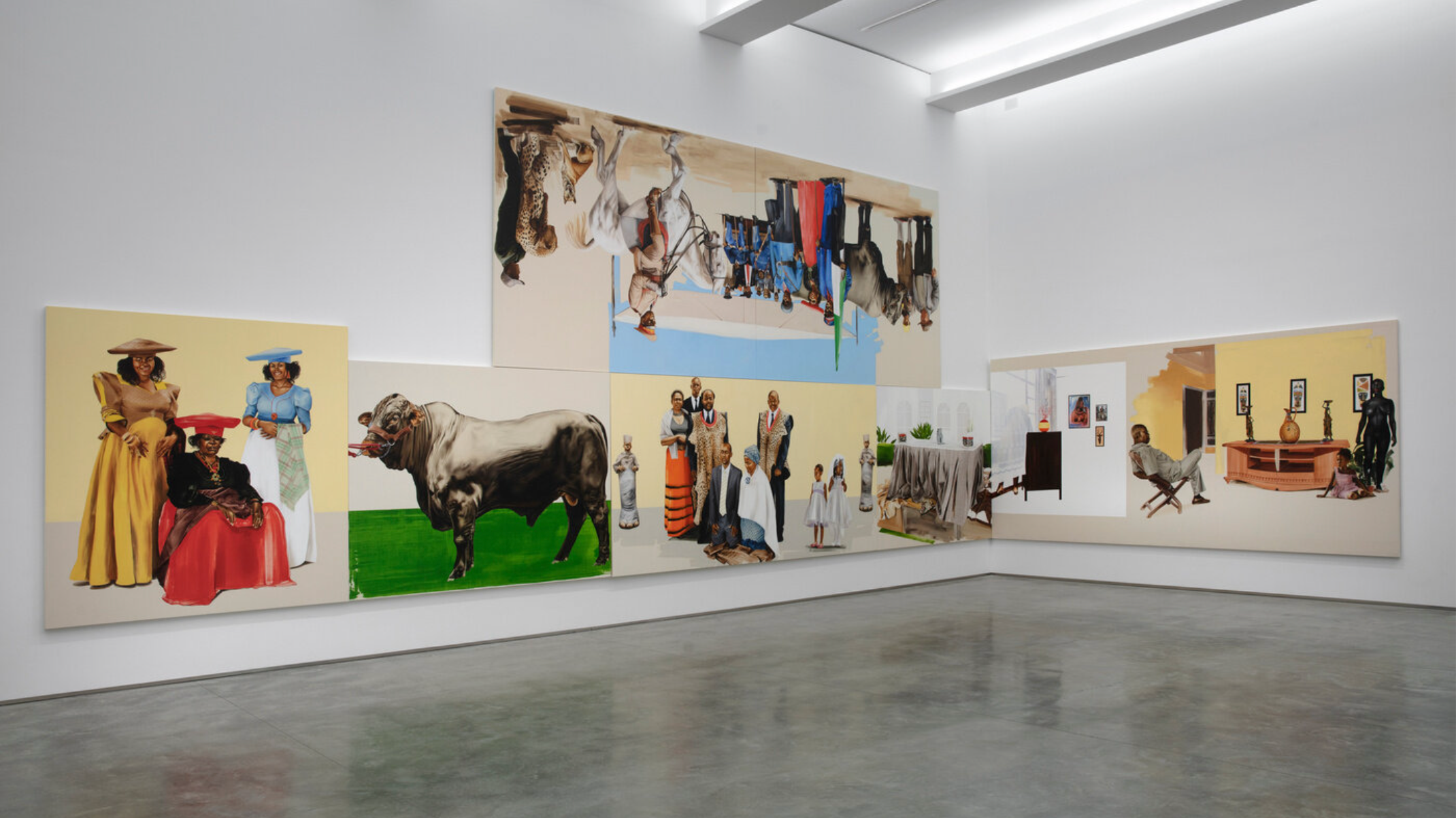 Installation shot of a white room with stone floors. Several large-scale paintings hang on two walls.