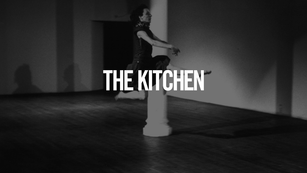 Dancer leaping behind The Kitchen logo.