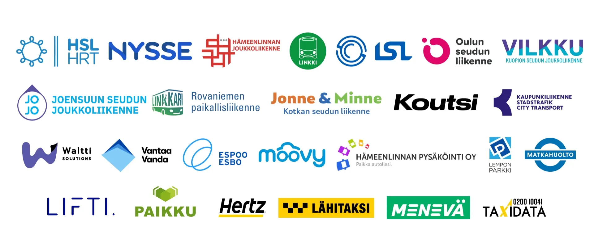 Logoja: HSL, Nysse, Hämeenlinna, Linkki, LSL, OSL, Vilkku, JOJO, Linkkari, Jonne&Minne, Koutsi, Kaupunkiliikenne, Waltti, Vantaa, Espoo, Moovy, Hämeenlinnan pysäköinti, Lempon Parkki, Matkahuolto, Lifti, Paikku, Hertz, Lähitaksi, Menevä, Taxidata