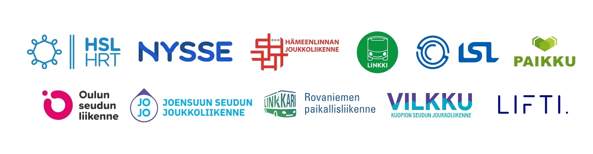 Logoja: HSL, Nysse, Hämeenlinnan joukkoliikenne, Linkki, LSL, Paikku, OSL, Joensuun seudun joukkoliikenne, Rovaniemen paikallisliikenne, Vilkku, Lifti