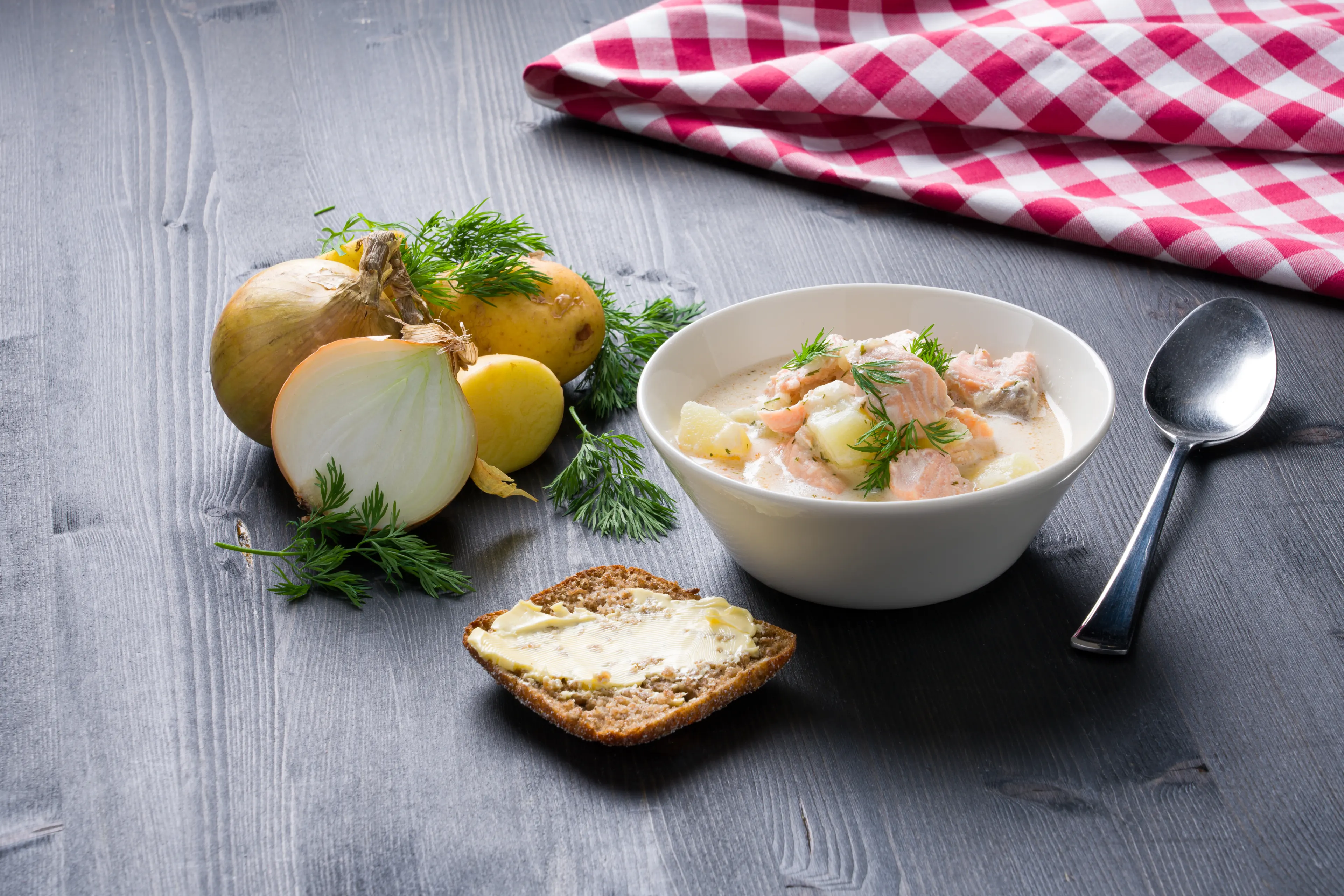 Restaurant car's salmon soup with rye bread