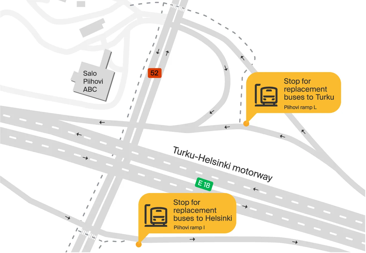 Bussipysäkit Piihovi I ja L. HUOM! n. 5 km Salon keskustasta. Helsinkiin matkalla olevat linja-autot pysähtyvät huoltoasemalta käsin katsottuna Turun moottoritien vastakkaisella puolella sijaitsevalla rampilla. Turkuun matkalla olevat linja-autot taas pysähtyvät huoltoaseman puoleisella moottoritien rampilla. 