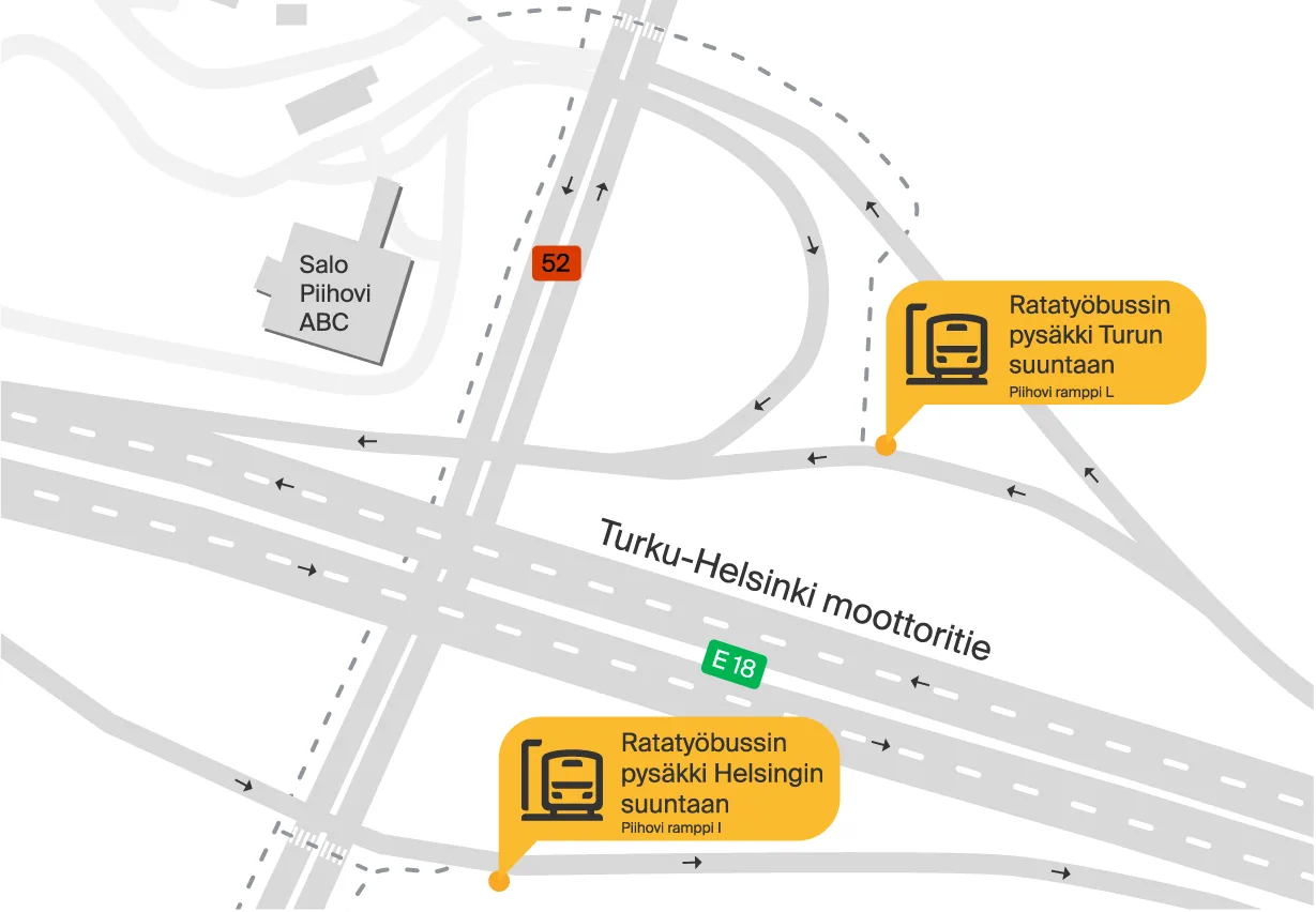 Bussipysäkit Piihovi I ja L. HUOM! n. 5 km Salon keskustasta. Helsinkiin matkalla olevat linja-autot pysähtyvät huoltoasemalta käsin katsottuna Turun moottoritien vastakkaisella puolella sijaitsevalla rampilla. Turkuun matkalla olevat linja-autot taas pysähtyvät huoltoaseman puoleisella moottoritien rampilla.