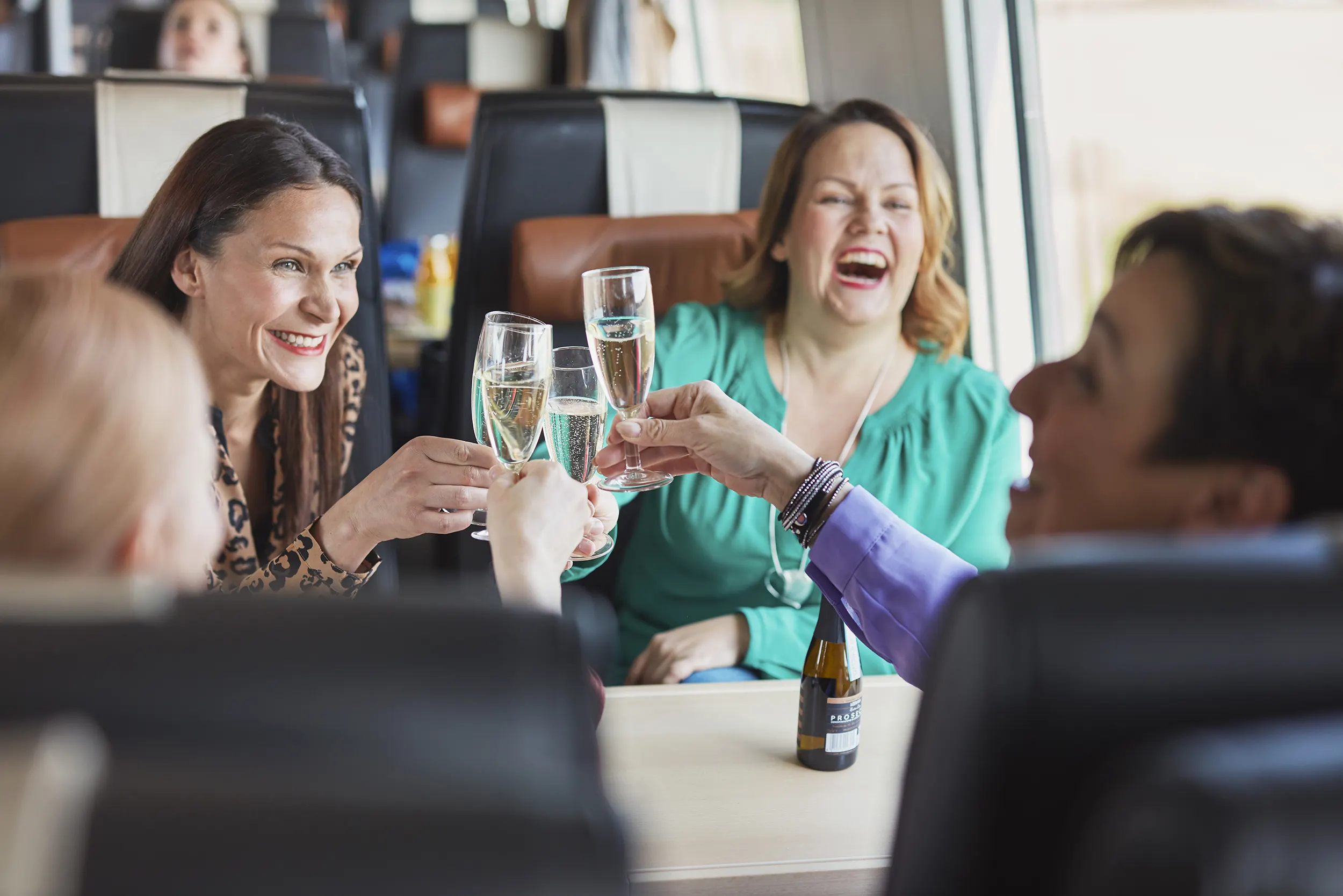 Enjoy your trip upstairs in the restaurant car where you can get food & drinks delivered to your seat.