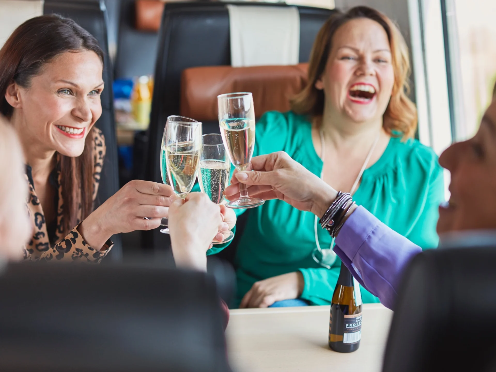 A cheerful group is toasting with sparkling wine in the Ekstra Relaxed.
