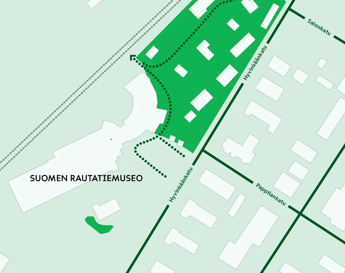 Karta över Hyvinge Järnvägsmuseums område och gångväg till stationen