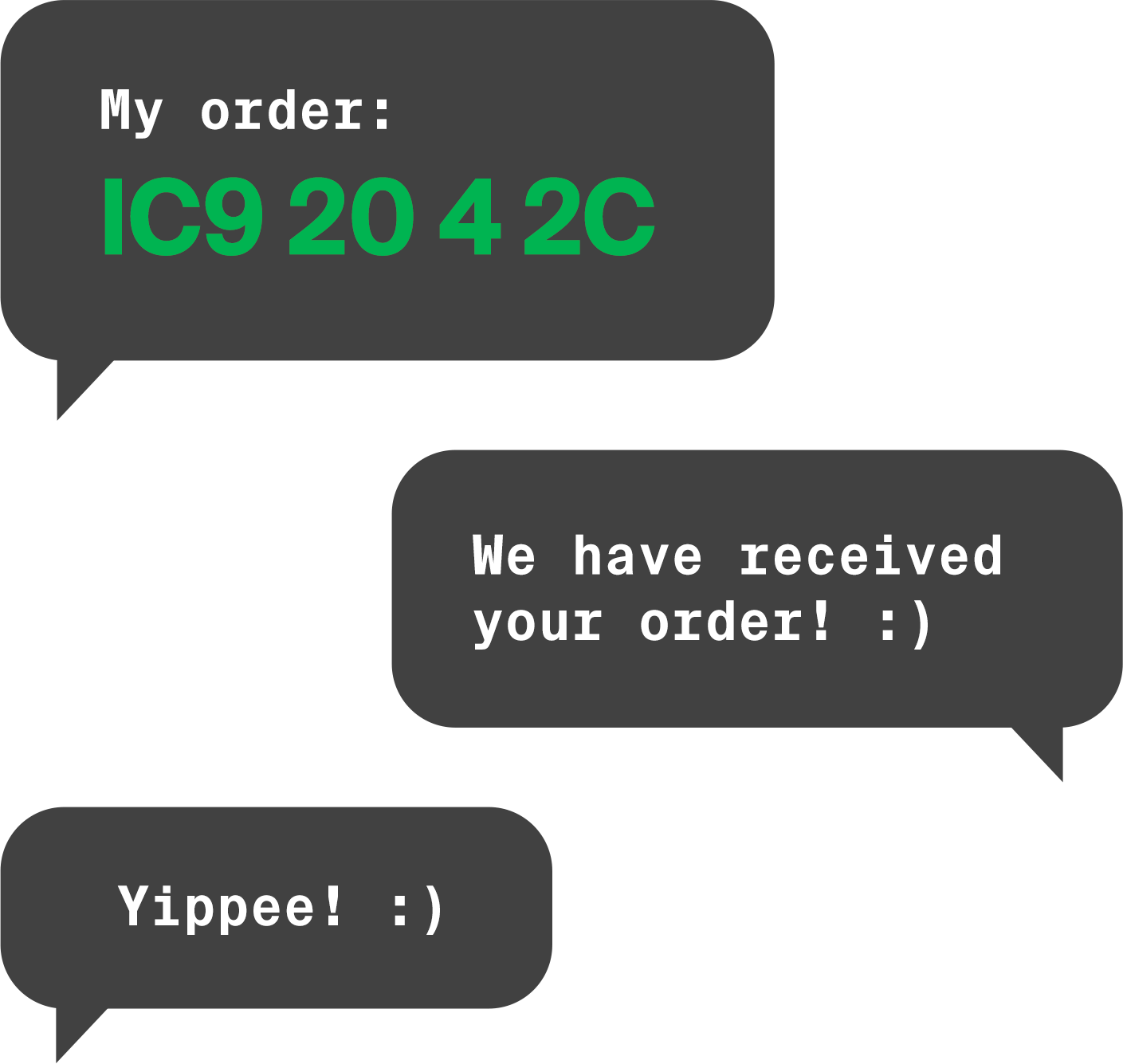 The message should be like the following example: "IC9 20 4 2B". You will get a confirmation message once we have received your order.