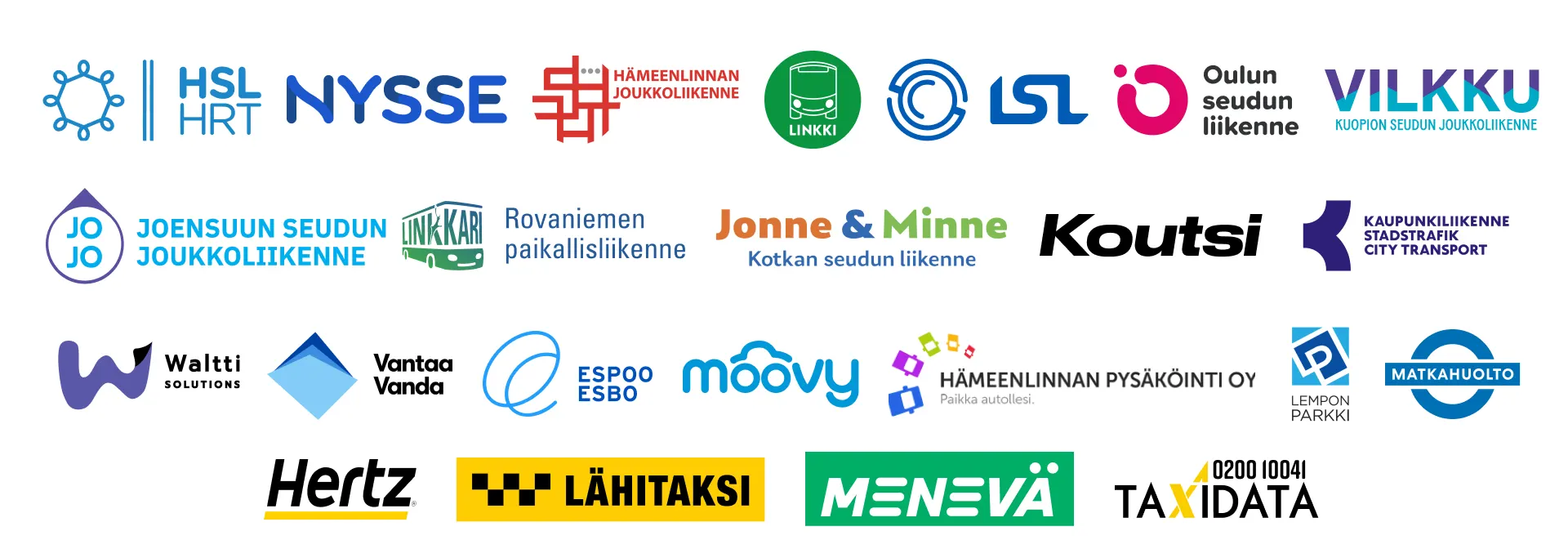 Logoja: HSL, Nysse, Hämeenlinna, Linkki, LSL, OSL, Vilkku, JOJO, Linkkari, Jonne&Minne, Koutsi, Kaupunkiliikenne, Waltti, Vantaa, Espoo, Moovy, Hämeenlinnan pysäköinti, Lempon Parkki, Matkahuolto, Hertz, Lähitaksi, Menevä, Taxidata