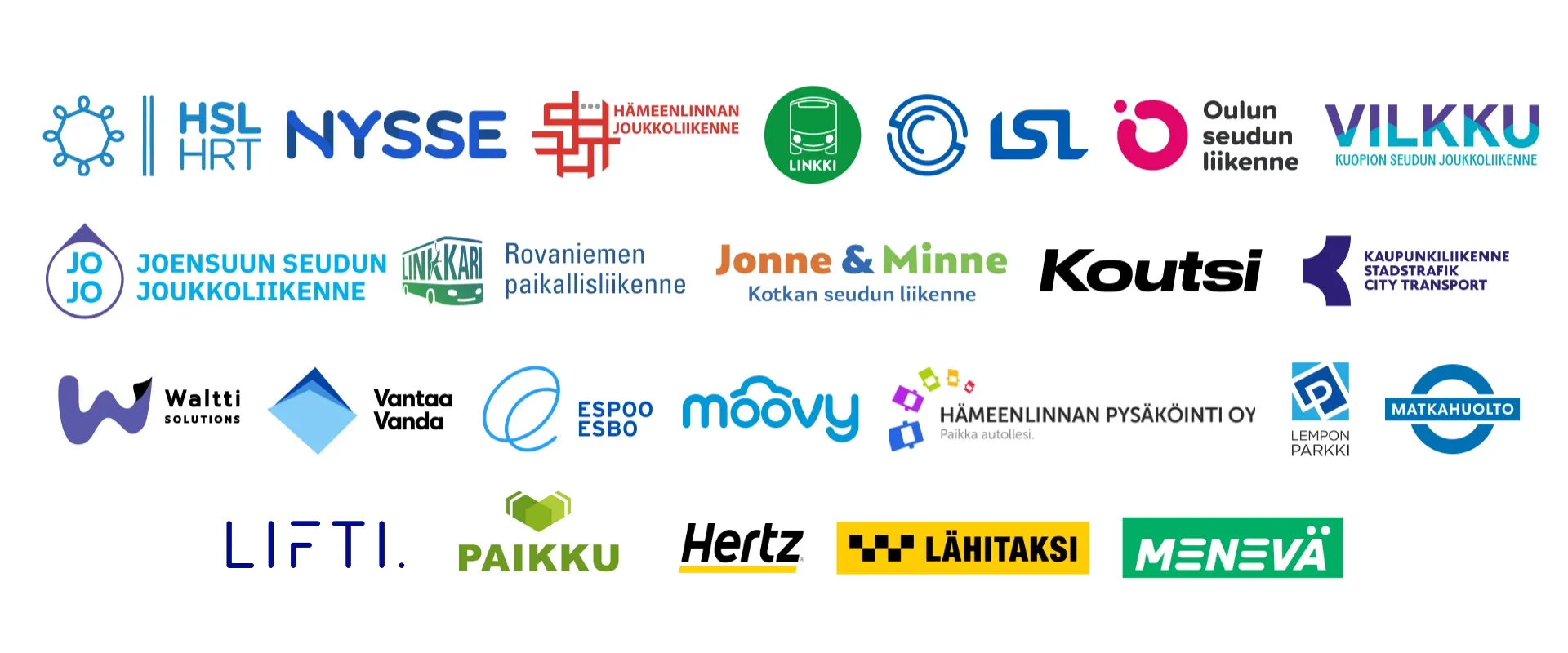 Logoja: HSL, Nysse, Hämeenlinna, Linkki, LSL, OSL, Vilkku, JOJO, Linkkari, Jonne&Minne, Koutsi, Kaupunkiliikenne, Waltti, Vantaa, Espoo, Moovy, Hämeenlinnan pysäköinti, Lempon Parkki, Matkahuolto, Lifti, Paikku, Hertz, Lähitaksi, Menevä