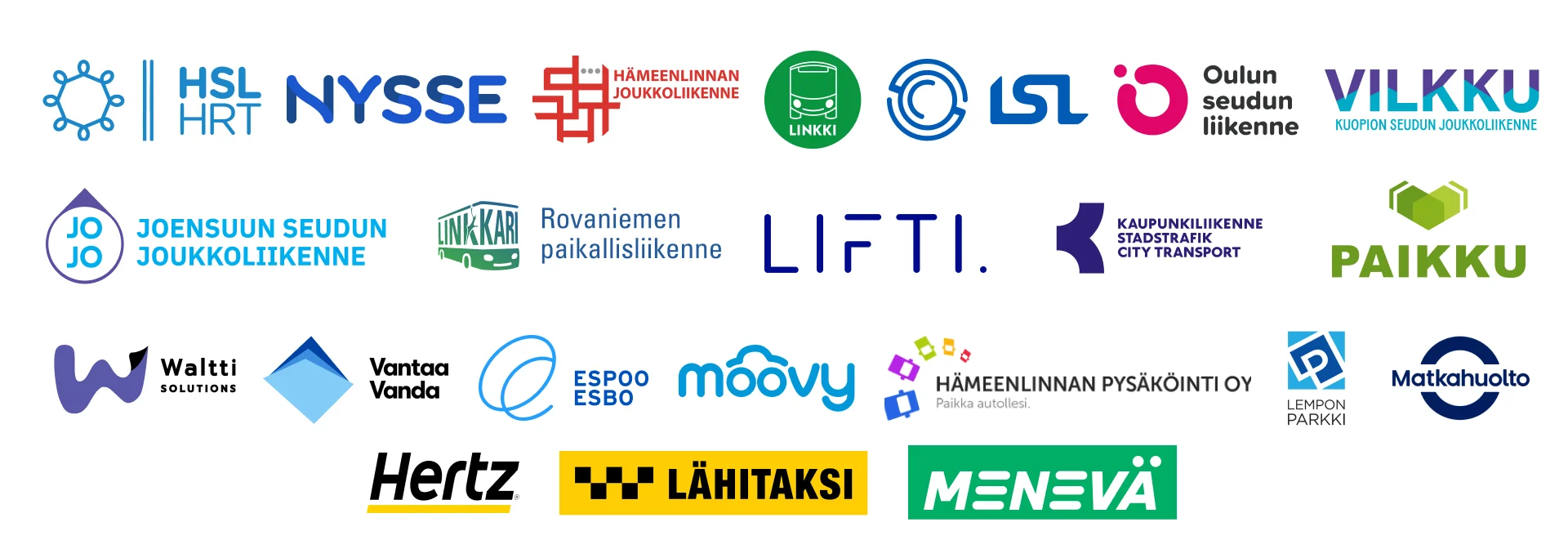 Logoja: HSL, Nysse, Hämeenlinna, Linkki, LSL, OSL, Vilkku, JOJO, Linkkari, Jonne&Minne, Koutsi, Kaupunkiliikenne, Waltti, Vantaa, Espoo, Moovy, Hämeenlinnan pysäköinti, Lempon Parkki, Matkahuolto, Lifti, Paikku, Hertz, Lähitaksi, Menevä