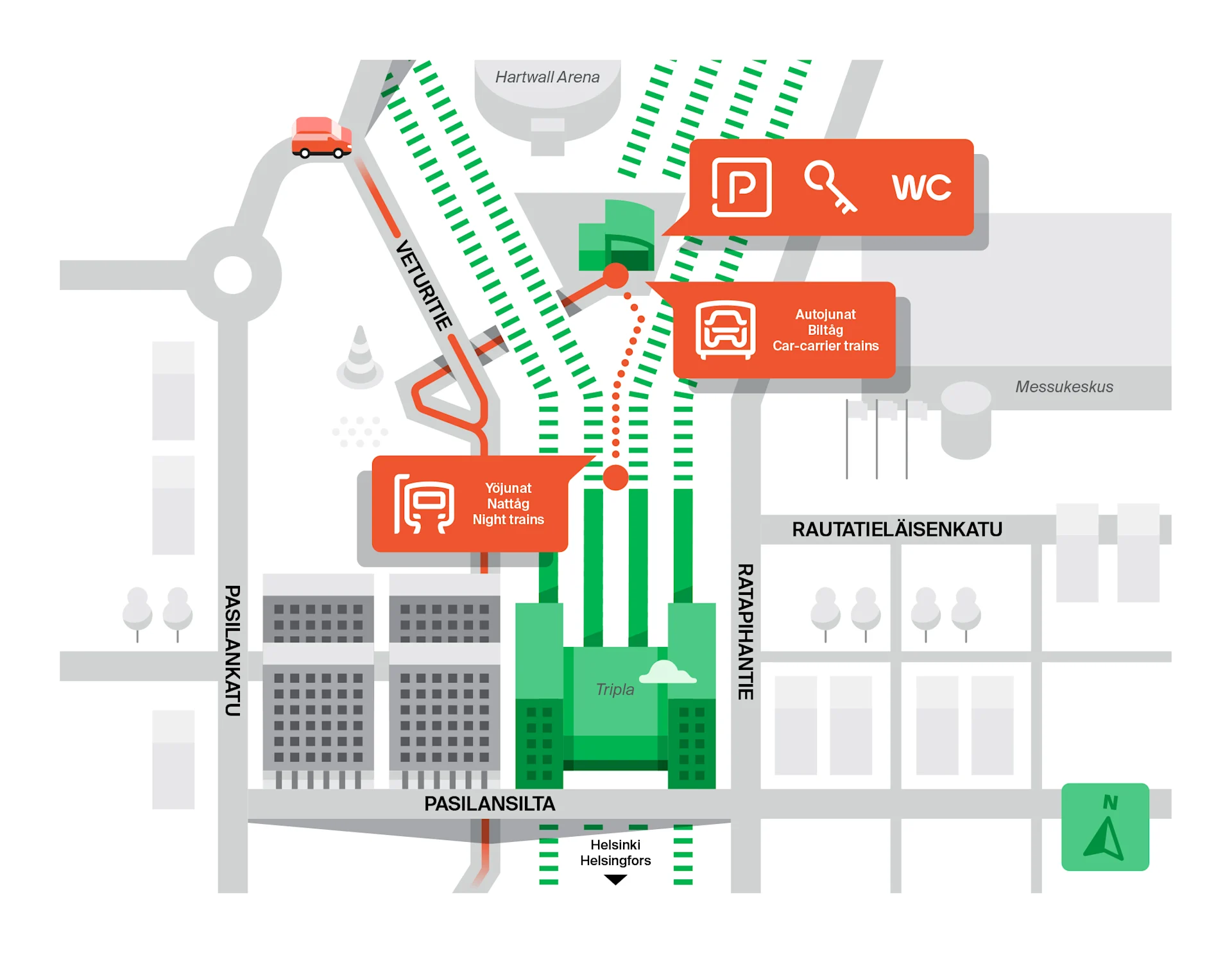 Karta över Pasila järnvägsstation och biltågstation