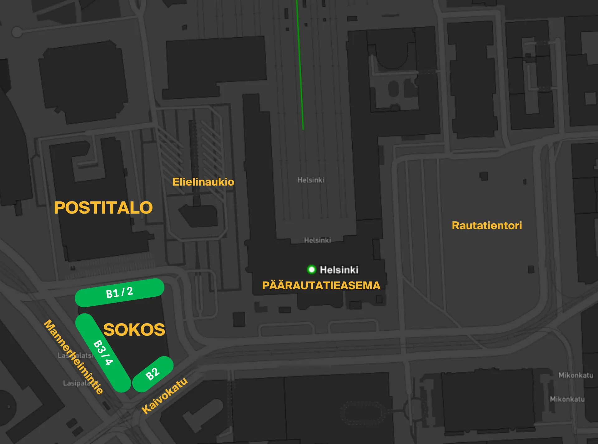 The buses on line B1 depart from Postikatu on the Sokos side.
The buses on line B2 depart from Kaivokatu on the Sokos side. 
The buses on lines B3 and B4 depart from Mannerheimintie on the Sokos side.
The scheduled buses of line B2 with outward times of 5:05, 10:05, 19:05 and 23:05 depart from the Postikatu stop, between Postitalo and Sokos, on the Sokos side. The other buses on line B2 depart from Kaivokatu according to the map.