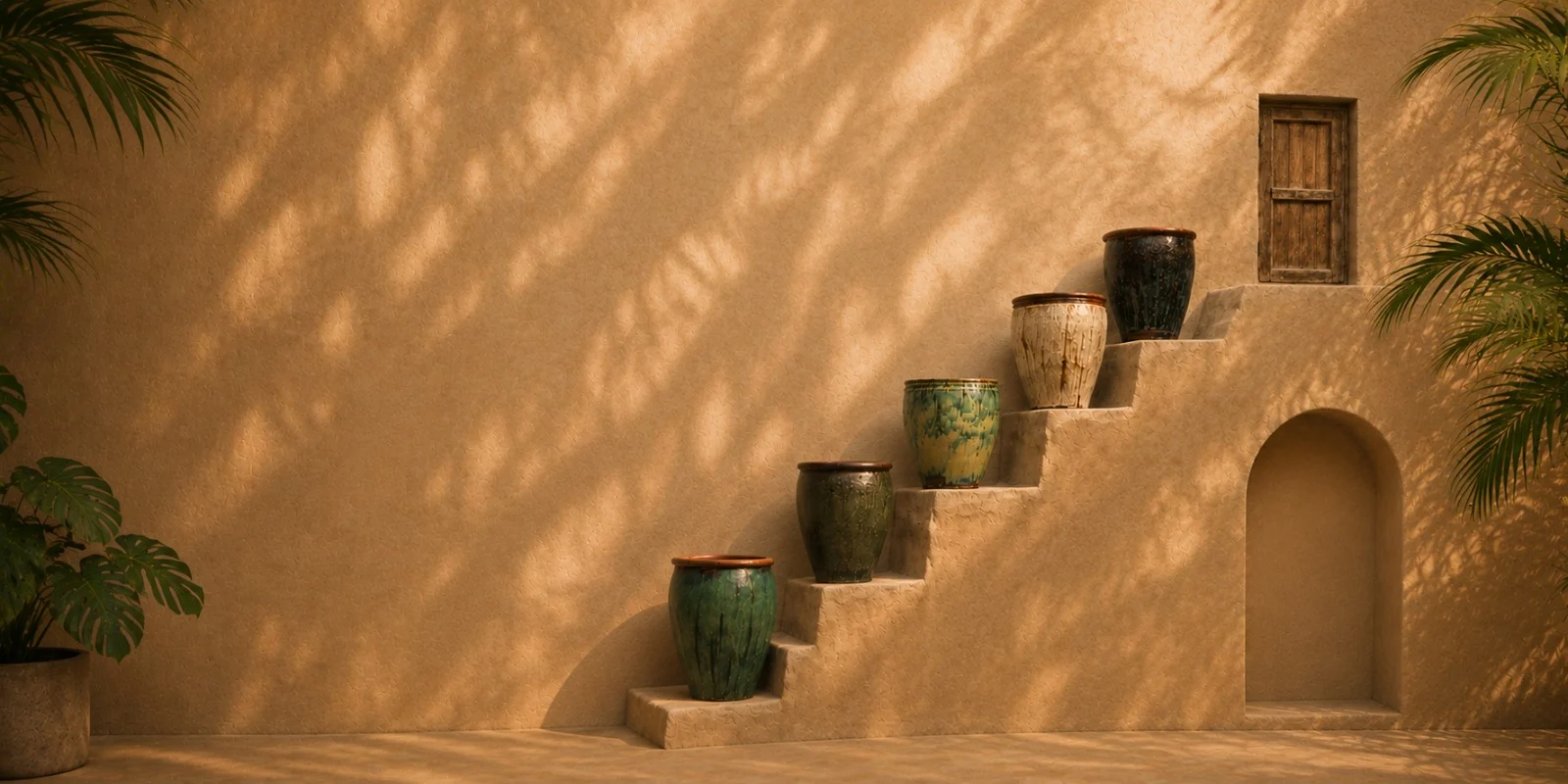 Curated ceramic planters arranged on stairs
