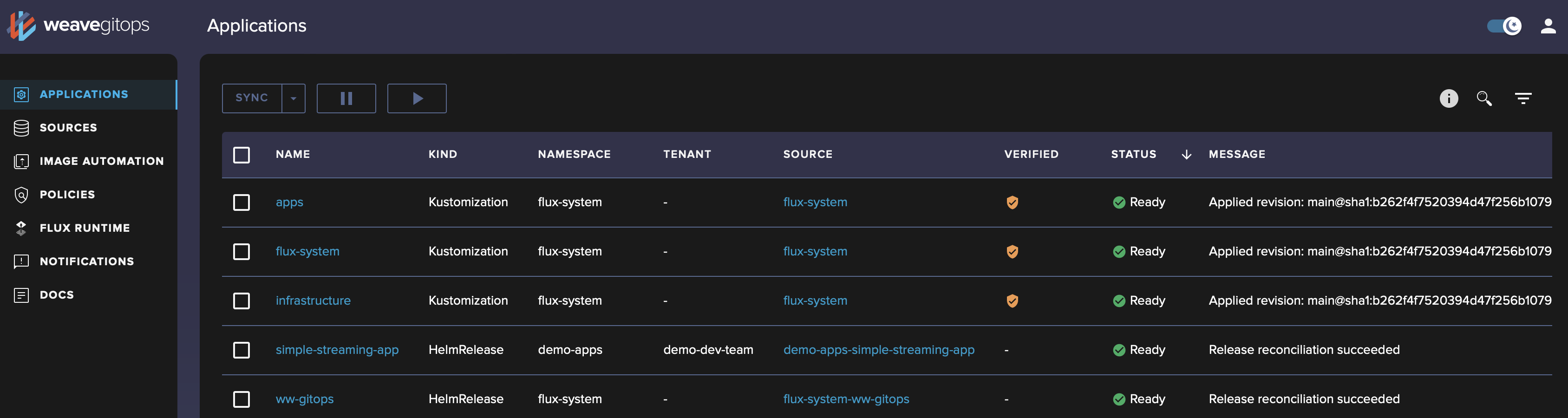 Flux dashboard applications tab