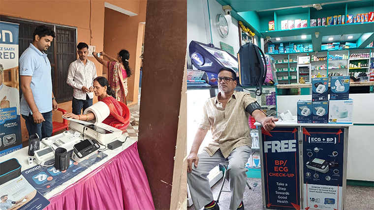 Two side-by-side photos showing the OMRON Healthcare India BP and ECG Camp, with people getting their blood pressure and heart health checked using OMRON medical devices.