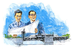 Illustration of Kazuma Tateisi envisioning the establishment of the Central Research Laboratory