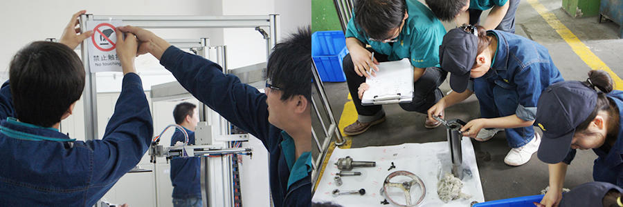 （左）設備の組み立て演習風景（右）設備を清掃しながら点検することを学ぶ演習風景</p>
<h3>現場で求められるリーダーシップを育成する