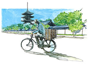 Illustration of a man delivering newspapers door-to-door by bicycle in Kyoto City