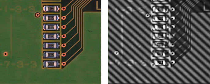 電子部品（左）に特定の模様を照射（右）して立体形状を認識