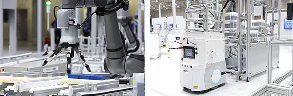 多岐ハンドを使った協調ロボットによる箱詰め作業と自動ロボットによる搬送