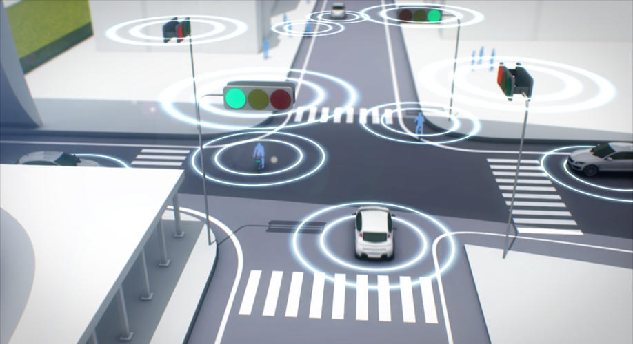 交差点で人/自転車/クルマがお互いの位置を知らせ合っている未来イメージ