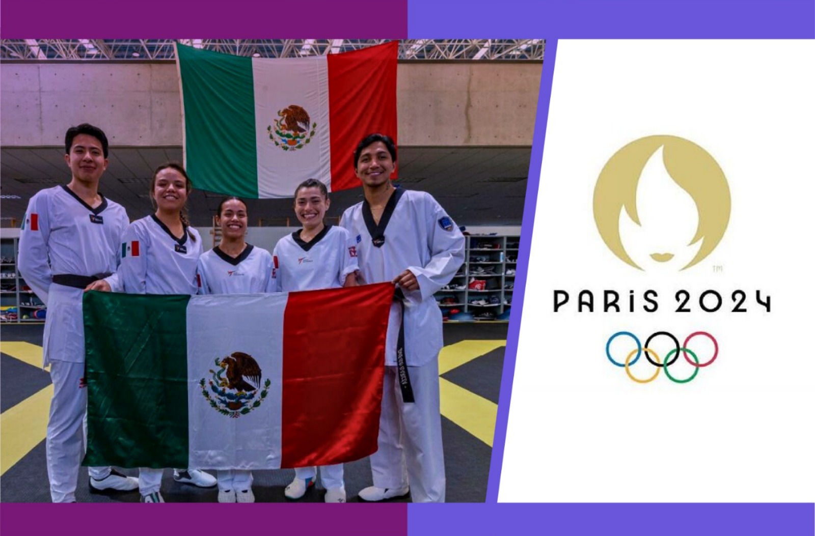 Conjunto de atletas sonriendo y sosteniendo una bandera de México.