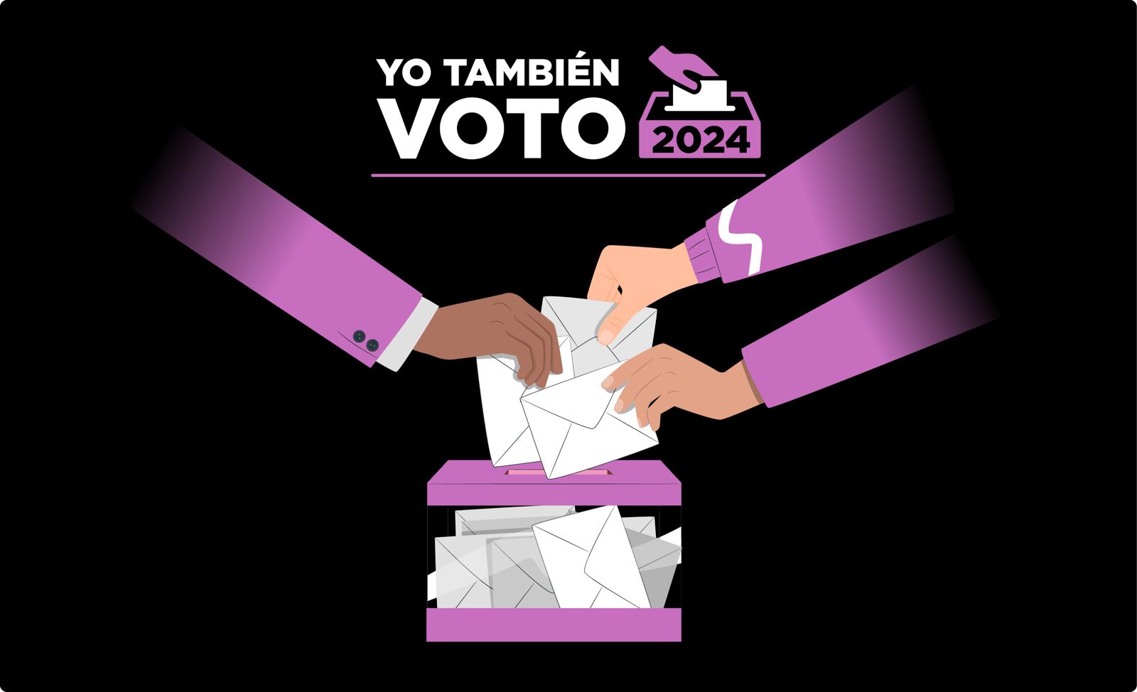 Gráfico de Yo También Voto 2024 y una urna electoral con tres manos emitiendo su voto