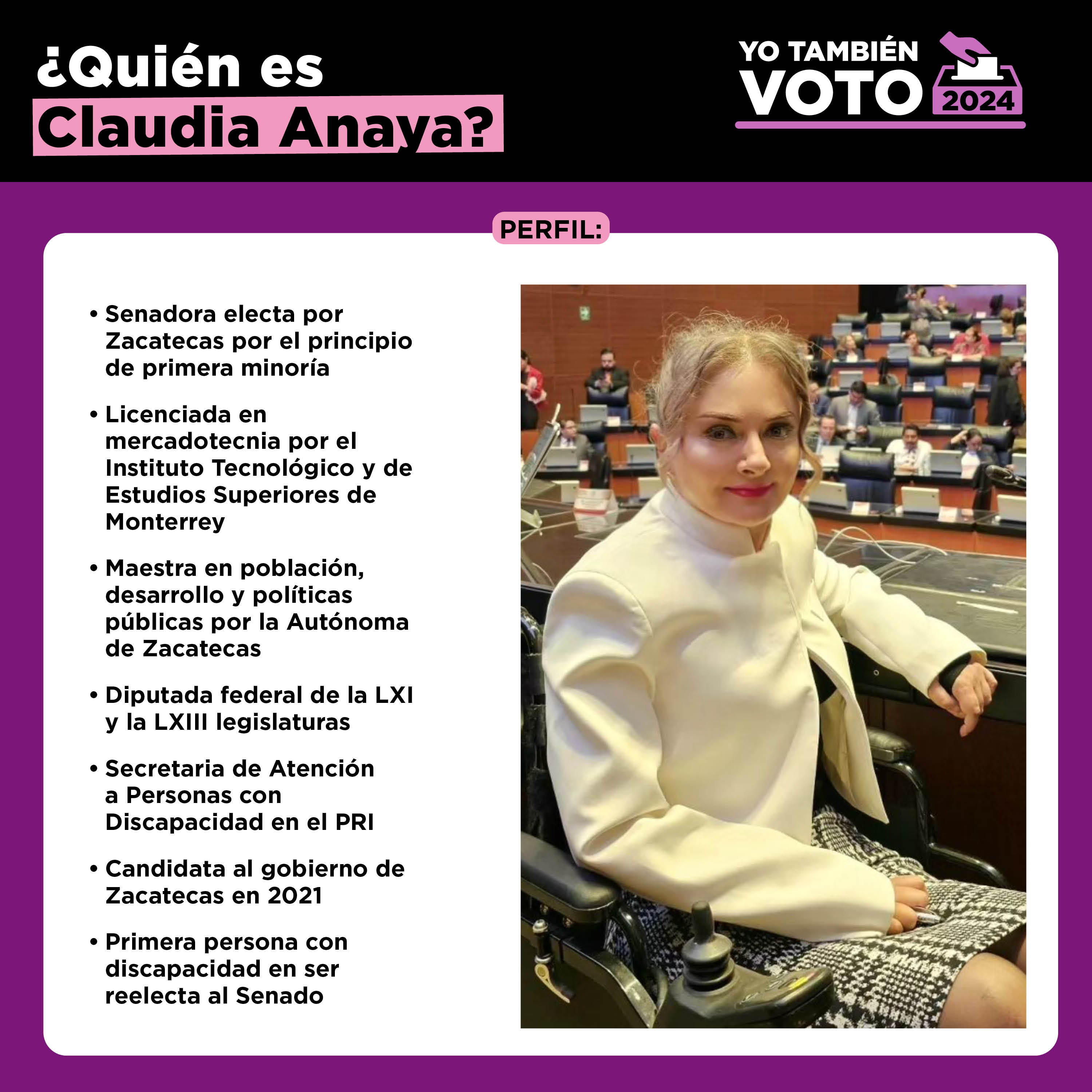 TEXTO:
¿Quién es Claudia Anaya?
 YO TAMBIÉN VOTO 2024
 PERFIL:
* Senadora electa por Zacatecas por el principio de primera minoría
 • Licenciada en mercadotecnia por el Instituto Tecnológico y de Estudios Superiores de Monterrey • Maestra en población, desarrollo y políticas públicas por la Autónoma de Zacatecas
 • Diputada federal de la LXI y la LXIll legislaturas
 • Secretaria de Atención a Personas con Discapacidad en el PRI
 • Candidata al gobierno de Zacatecas en 2021
 • Primera persona con discapacidad en ser reelecta al Senado