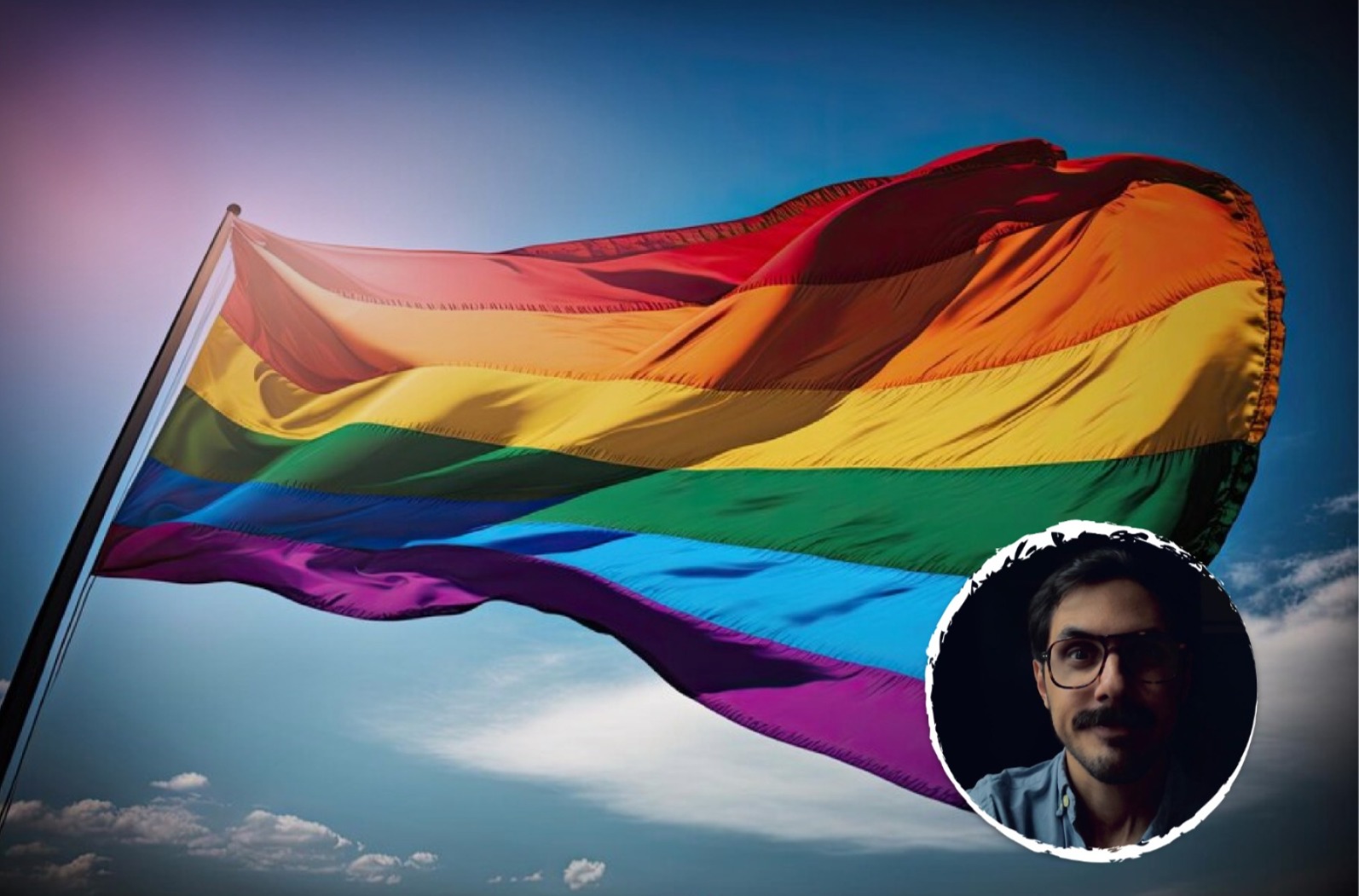 Bandera LGBT. A la derecha en un círculo la fotografía de Roberto Cámara.