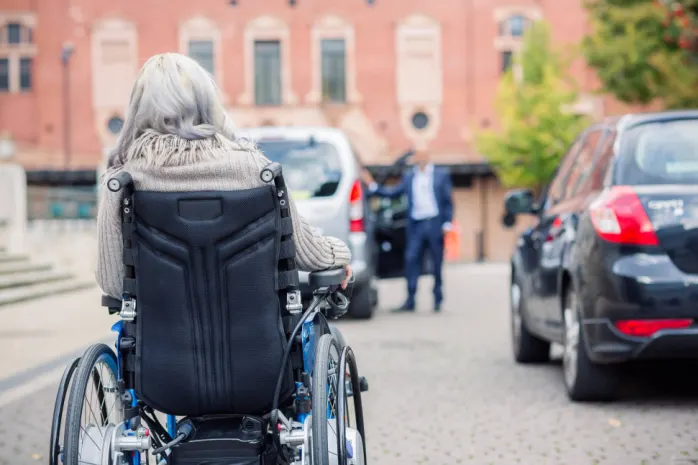 Mujer adulta en silla de ruedas, de espaldas.