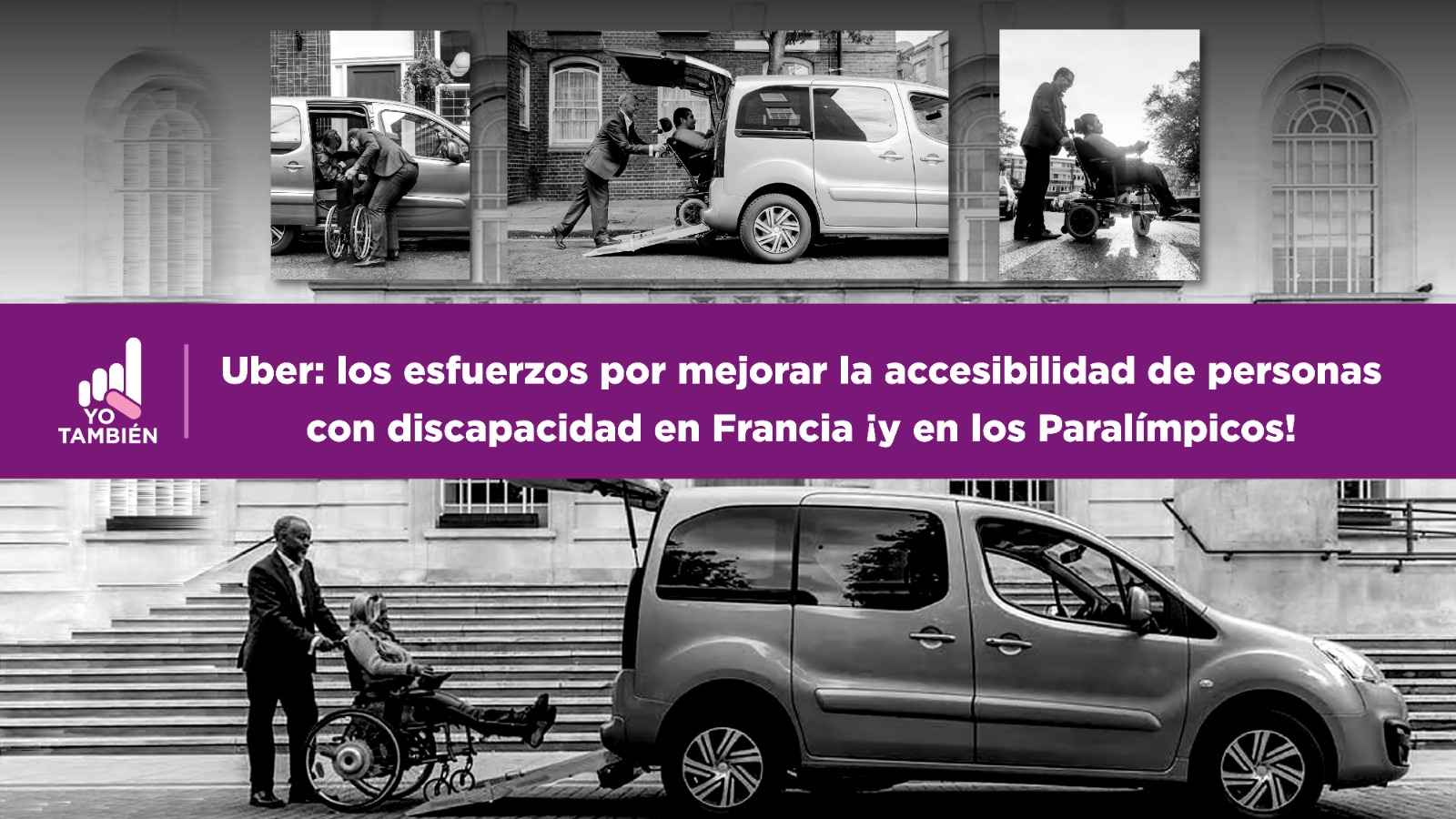 Collage de personas con discapacidad subiendo a autos.