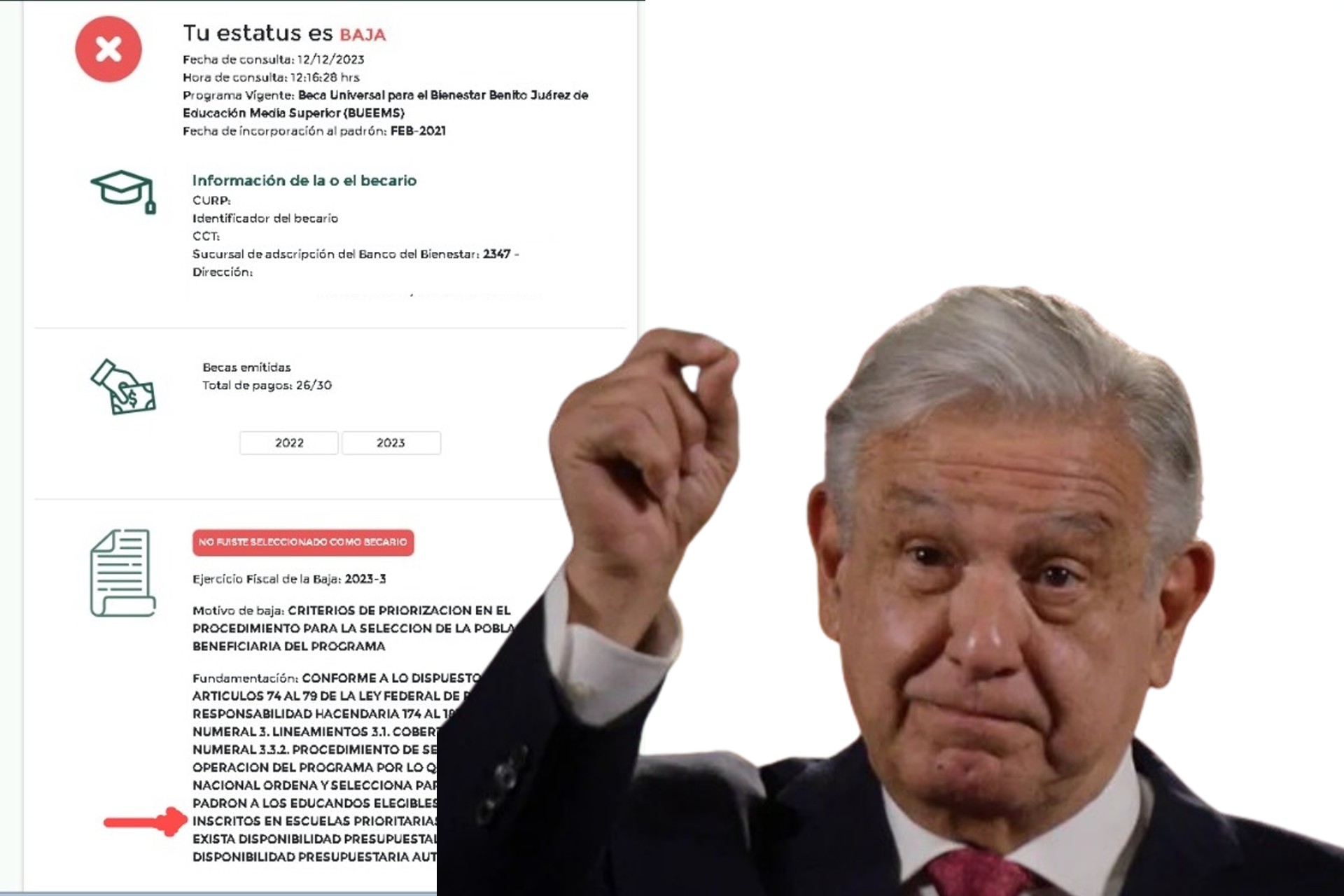 Foto de AMLO y pantallazo de la cuenta de un estudiante de CAED que se quedó sin beca.
