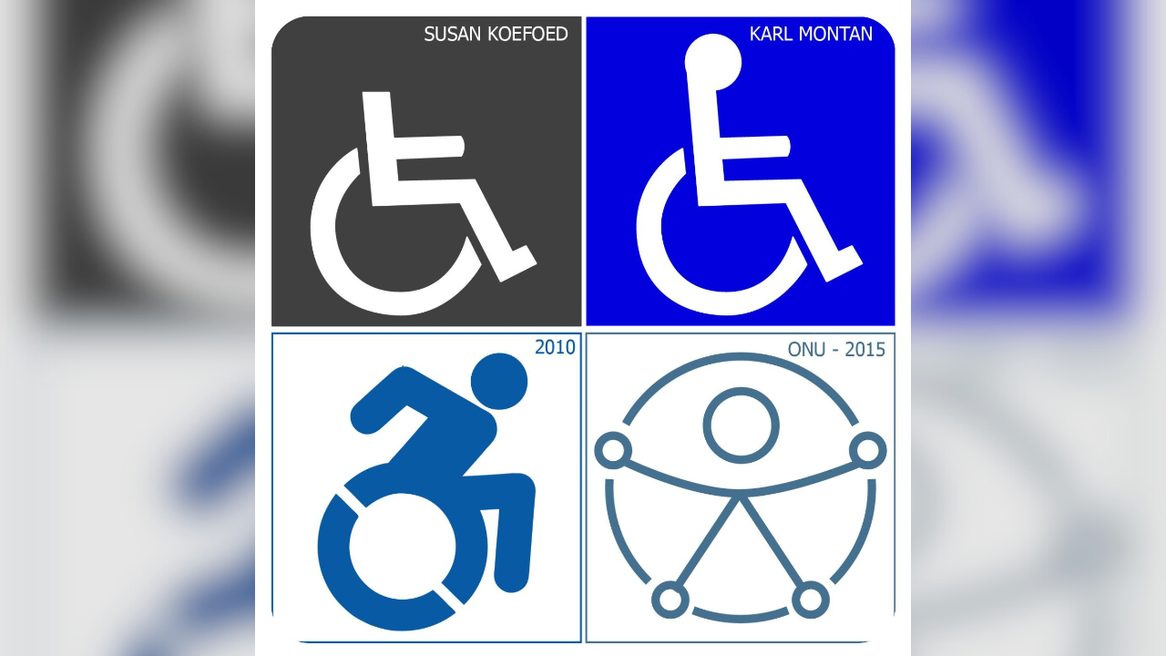 Evolución del ícono azul de la discapacidad conforme el paso del tiempo.