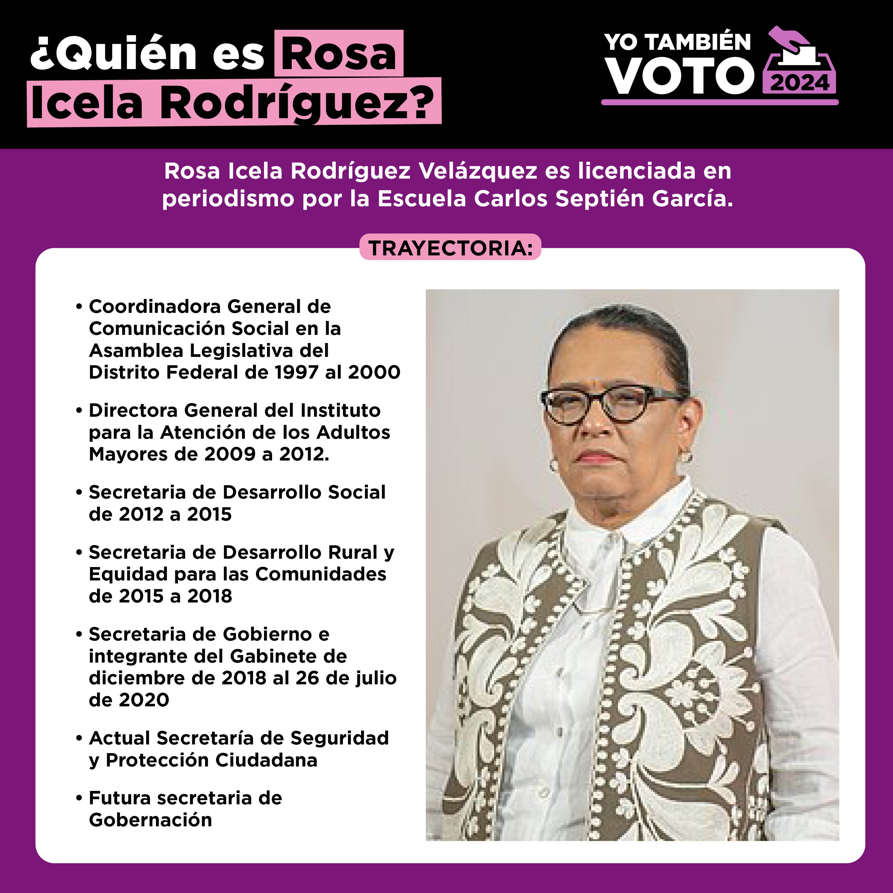 TEXTO: ¿Quién es Rosa Icela Rodríguez?
 YO TAMBIÉN VOTO 2024
 Rosa Icela Rodríguez Velázquez es licenciada en periodismo por la Escuela Carlos Septién García.
 TRAYECTORIA:
* Coordinadora General de Comunicación Social en la Asamblea Legislativa del Distrito Federal de 1997 al 2000
 • Directora General del Instituto para la Atención de los Adultos Mayores de 2009 a 2012. • Secretaria de Desarrollo Social de 2012 a 2015
 • Secretaria de Desarrollo Rural y Equidad para las Comunidades de 2015 a 2018 • Secretaria de Gobierno e integrante del Gabinete de diciembre de 2018 al 26 de julio de 2020
 • Actual Secretaría de Seguridad y Protección Ciudadana
 • Futura secretaria de Gobernación