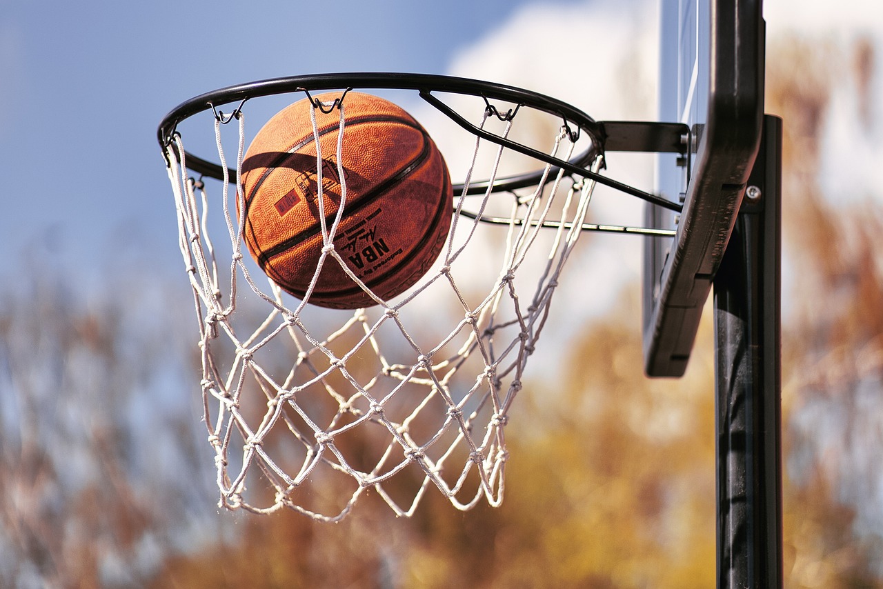 Pelota de baloncesto cayendo dentro de una cesta.