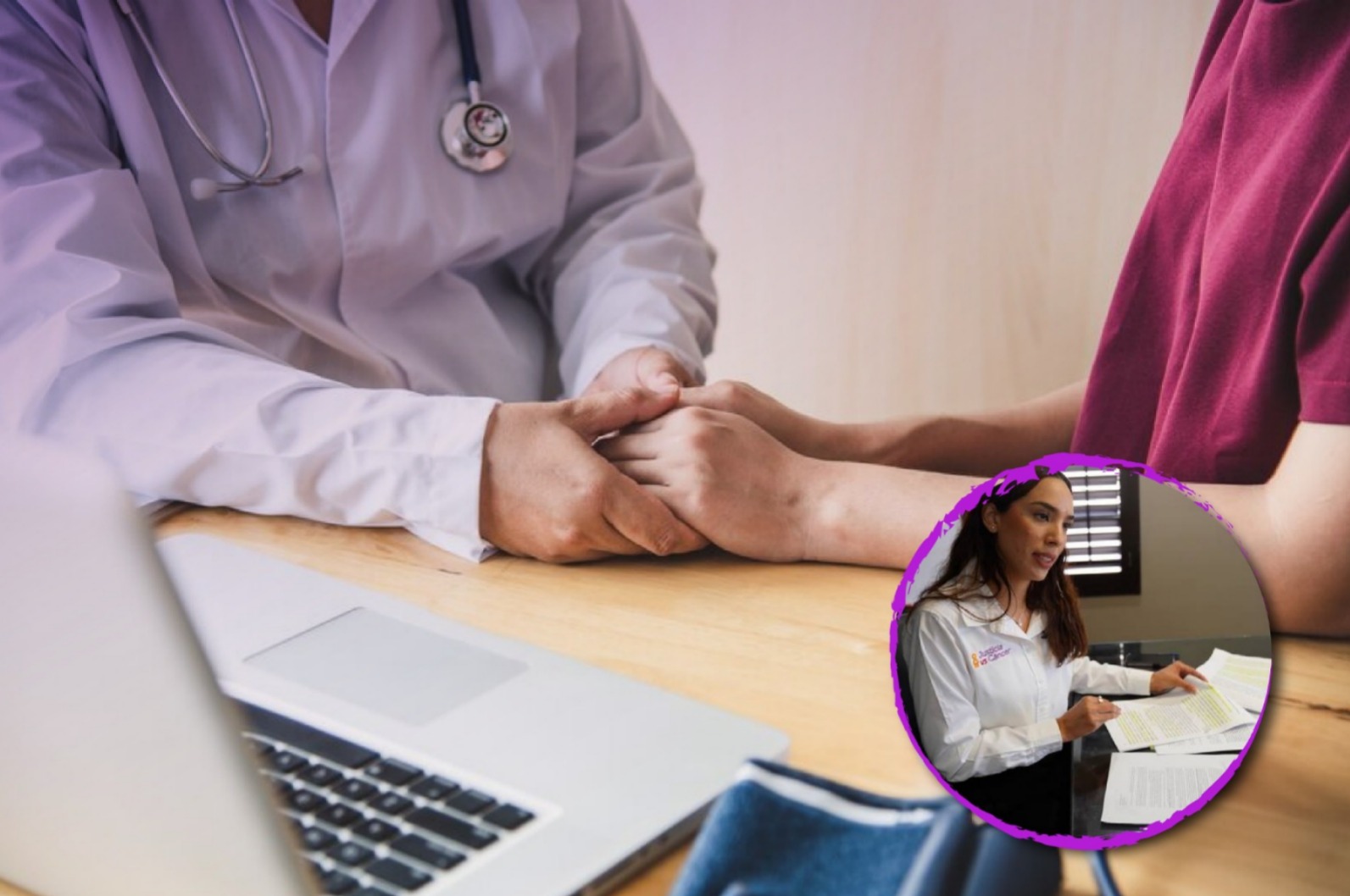 Doctor tomando de la mano a un paciente. En un círculo una Doctora del DIF.