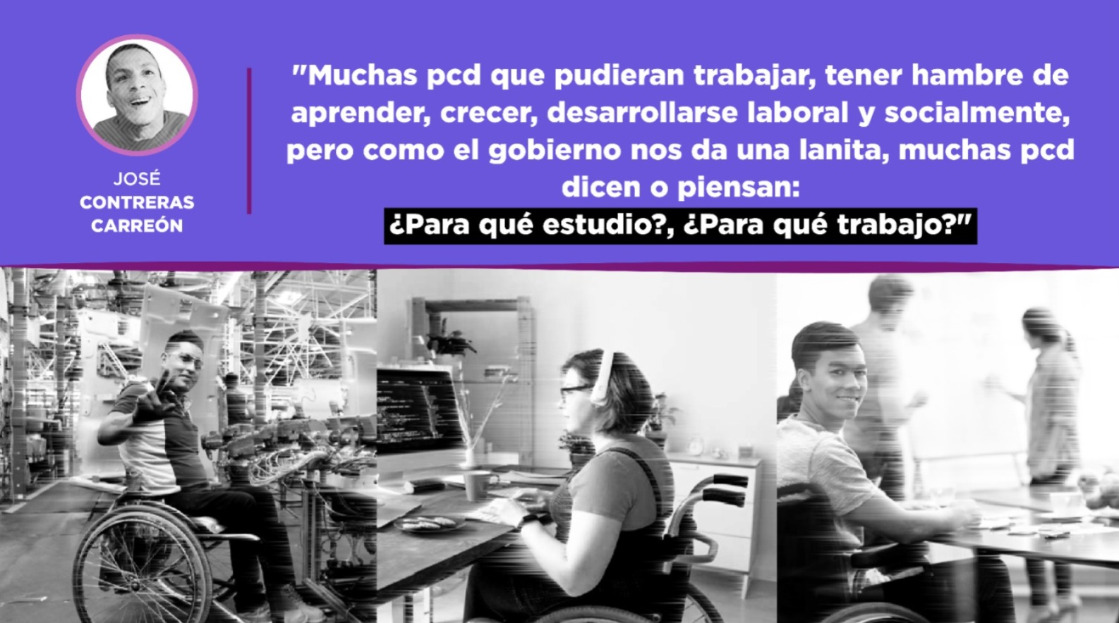 Collage de tres personas con discapacidad trabajando.